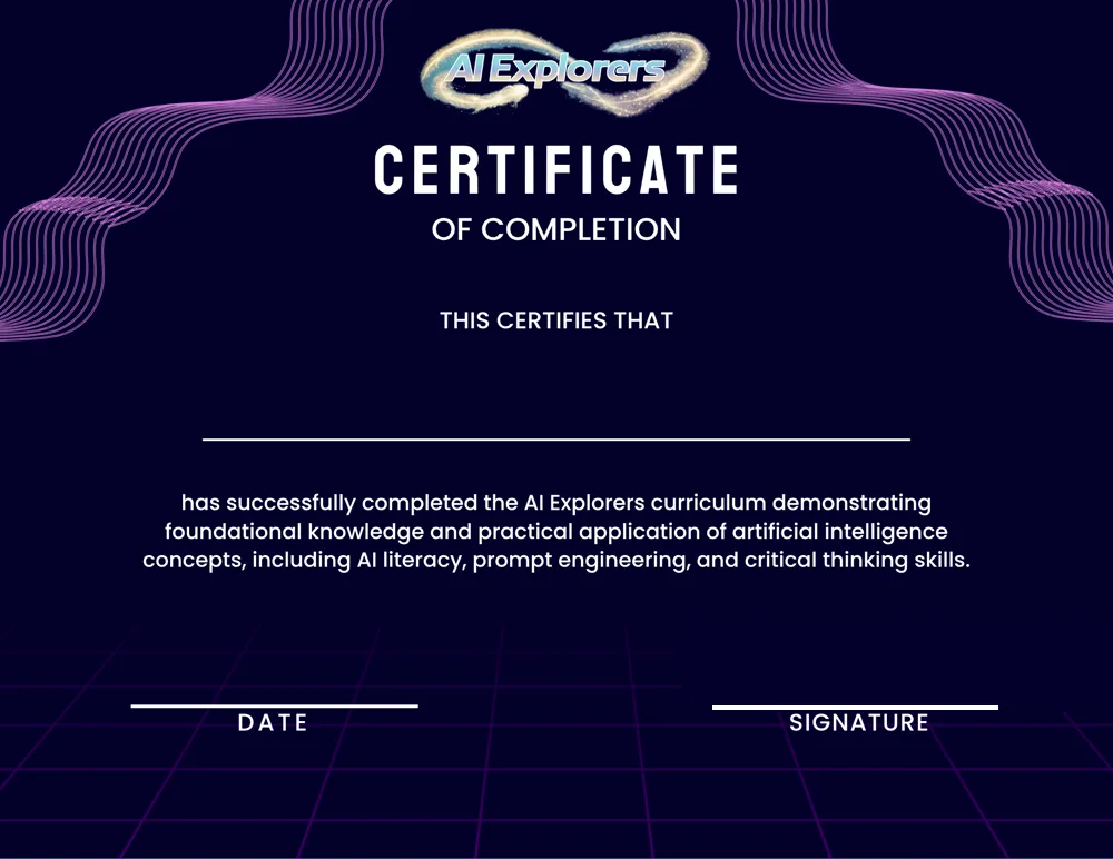 The AI Explorers Certificate of Completion, shown with a sample name
